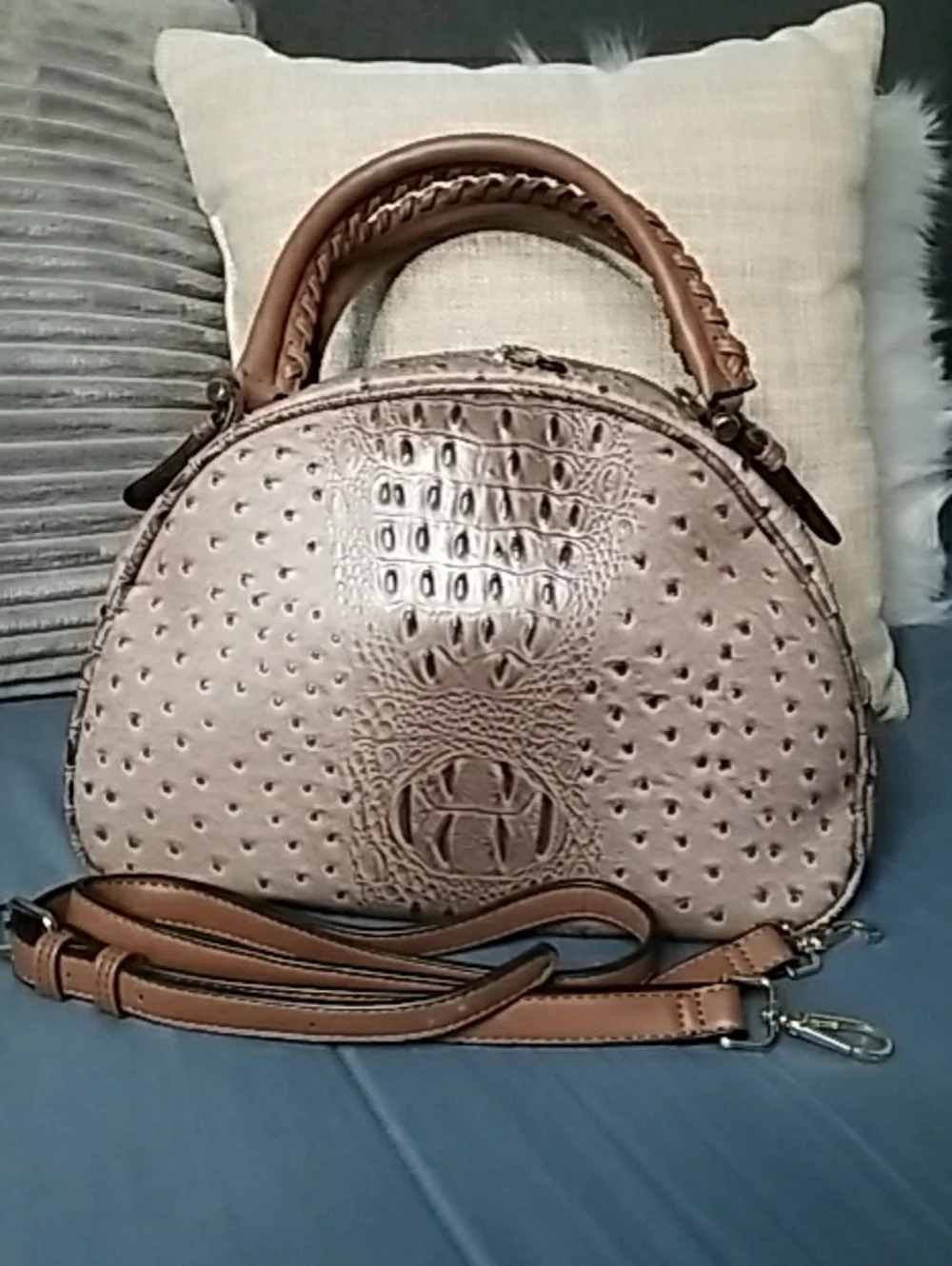 Structured Faux-Ostrich Dome Satchel Large
